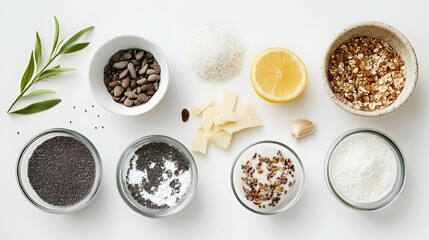 Photograph of diverse ingredients arranged on a white surface, showcasing oats, sugar, chocolate, poppy seeds, and...