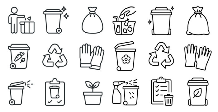 Series of icons for recycling and trash cans. The icons include a person throwing away trash, a trash can, a recycling can, a bag, and a clipboard. The icons are arranged in a grid