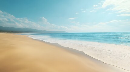 Photograph of a tranquil beach scene featuring a sandy shore, turquoise ocean, and cloudy sky.