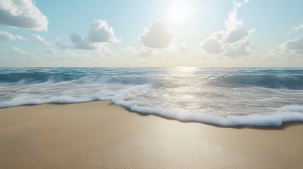 Digital illustration of a tranquil beach scene with gentle waves and bright sunlight.
