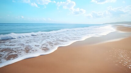Photograph of a sandy beach with turquoise waves and bright white clouds in a clear blue sky.