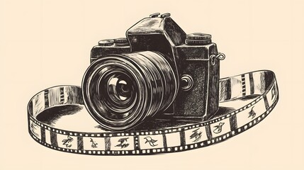Photograph of black and white illustration depicts a vintage camera resting on a film reel.