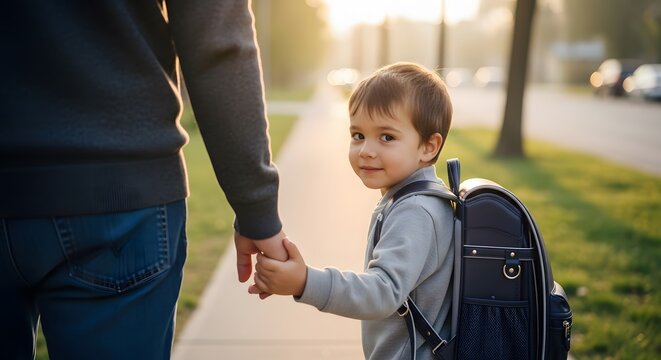 A young child, holding hands with an adult, looks back while walking down a sidewalk.