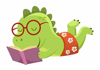 Cute Dinosaur Lying And Reading Book With Joy