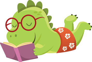 Cute Dinosaur Lying And Reading Book With Joy