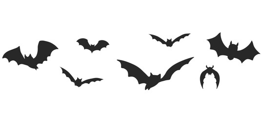 Flying bat silhouette row as Halloween border. Isolated vector element in retro style. Great for frames, corner decor, or holiday banners.