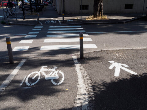 White pedestrian and bicycle signs painted on asphalt, sharing the road with a pedestrian crossing in Bologna, Italy, promote sustainable urban mobility and road safety