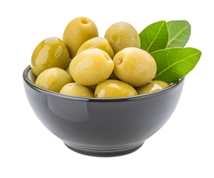 Fresh green olives in ceramic bowl with leaves isolated on white background closeup healthy snack