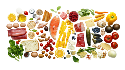 Flat lay food layout divided by food group categories Transparent background, PNG