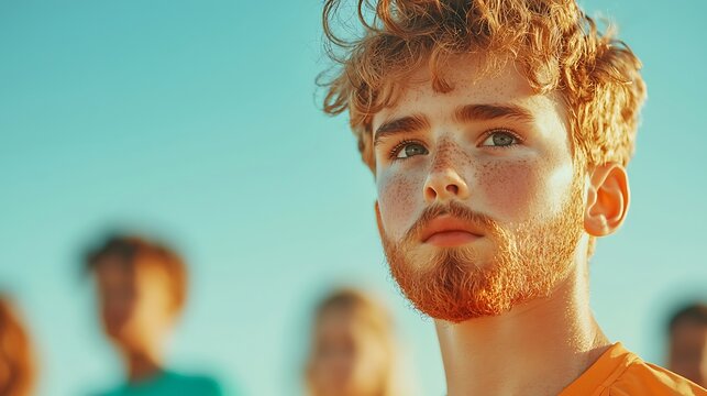 Young Redhead Man with Freckles Looking Up Outdoors