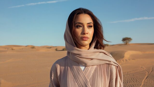 woman stands in a sunlit desert landscape