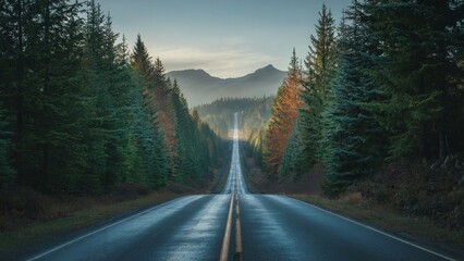 empty road stretches into a misty mountain horizon