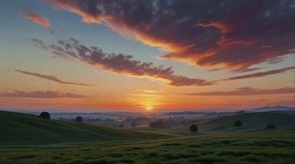 Fototapeta premium Rolling green hills bathed in the warm hues of a captivating sunrise sky showcase a peaceful rural landscape.