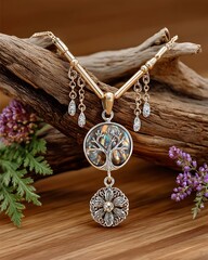Baroque crest pendant chain closeup high resolution picture