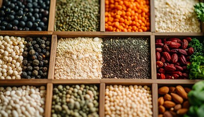 Collection of Various Seeds and Grains in Wooden Boxes