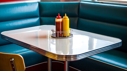 classic diner table with ketchup and mustard bottles on bright surface
