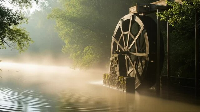 Serene Morning Mist Over Old Water Wheel by Riverside &ndash; Tranquil Countryside Scene
