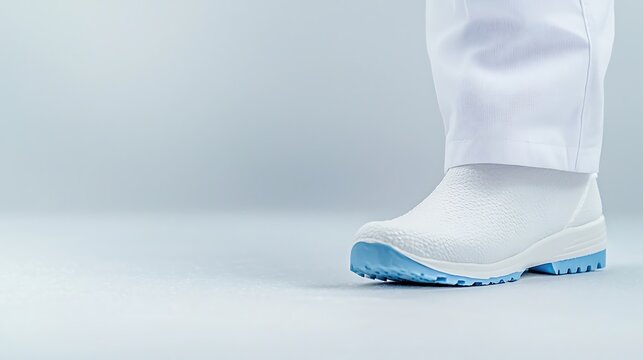 White work boot with blue sole and white pants