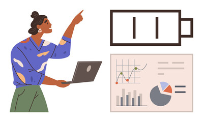 Woman holding a laptop, gesturing towards a low battery level and a screen showing bar graphs, pie chart, and line chart. Ideal for business, energy, fatigue, technology, work-life balance