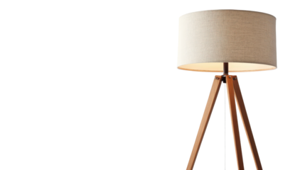 Floor lamp with tripod wooden legs and linen shade, cozy warm lighting Transparent background, PNG