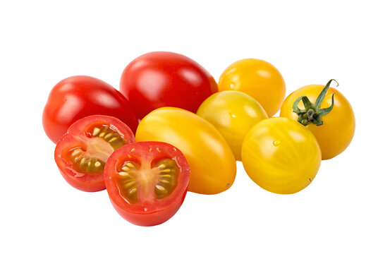 Fresh cherry tomatoes in vibrant red and yellow colors isolated on white background image vibrant