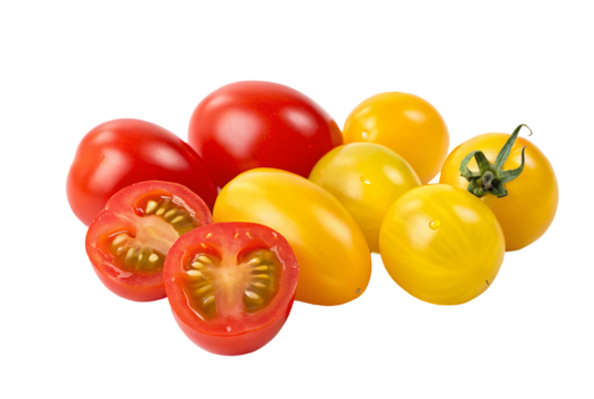 Fresh cherry tomatoes in vibrant red and yellow colors isolated on white background image vibrant
