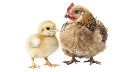 Obraz premium Fluffy baby chick beside a full-grown hen, family theme Transparent background, PNG