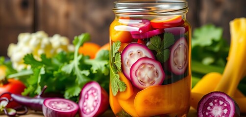 Vibrant sliced vegetables fermenting in a glass jar, pickling, texture
