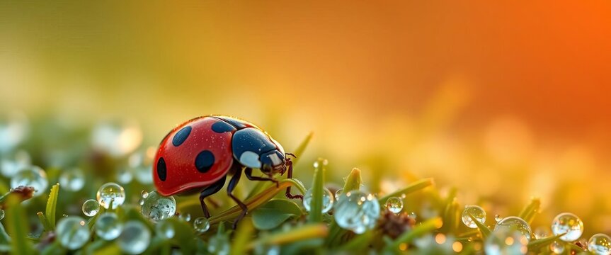 Vibrant red ladybug with black spots rests on dew-covered grass, soft sunrise bokeh, adorable, bokeh