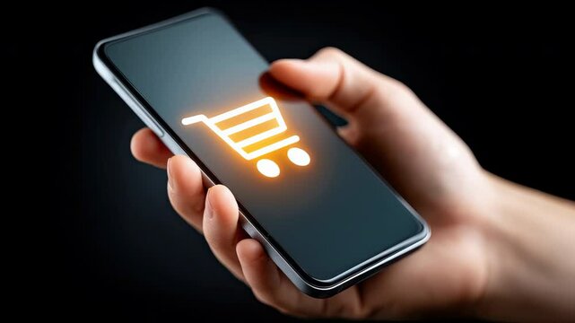 Smartphone digital technology with glowing shopping cart icon held hand for online shopping cart use - Powered by Adobe