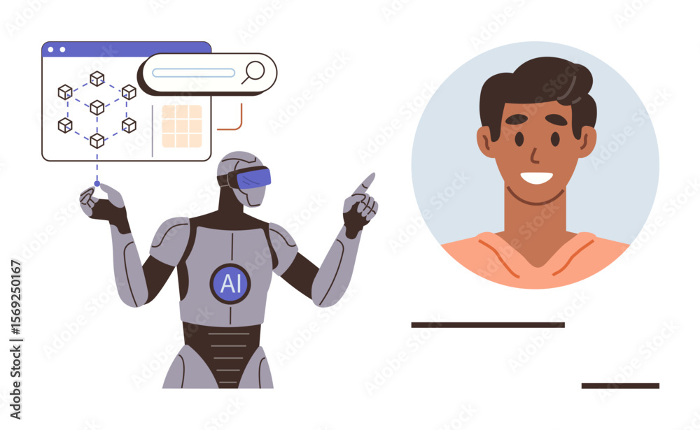Poster ai robot analyzing data with digital mechanisms, highlighting human face recognition, algorithm, and