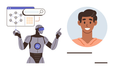 AI robot analyzing data with digital mechanisms, highlighting human face recognition, algorithm, and modern integration. Ideal for AI, technology, innovation, machine learning, interaction identity