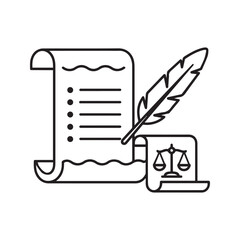Legal Document Icon with Feather Pen and Justice Scale Symbol