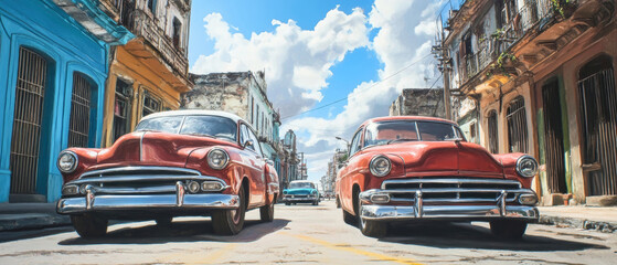 Old cars shine on vibrant streets of Havana in dynamic oil painting depicting timeless Cuban charm