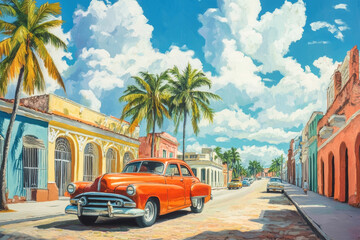 Vintage Cuban street life with retro cars and colorful buildings under a bright blue sky