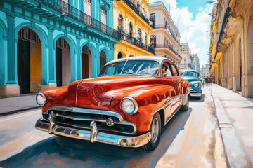 Vintage cars cruising through the vibrant streets of Havana in a colorful Cuban landscape