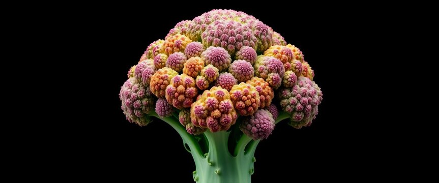 Intricate fractal Romanesco broccoli against a stark black backdrop,  spiral,  science
