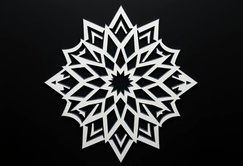 Intricate white geometric star & triangle laser cut metal panel pattern on black,   repeating pattern,   metalwork