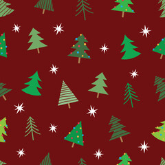 Seamless Stars And Different Christmas Tree Pattern Design Red Background