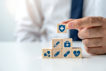 A person s hand places a wooden block with a shield and cross symbol on top of a pyramid of blocks featuring medical icons representing healthcare and protection
