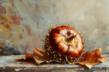 Painting of a sweet chestnut burr resting on dry autumn leaves on a wooden surface, with a textured background