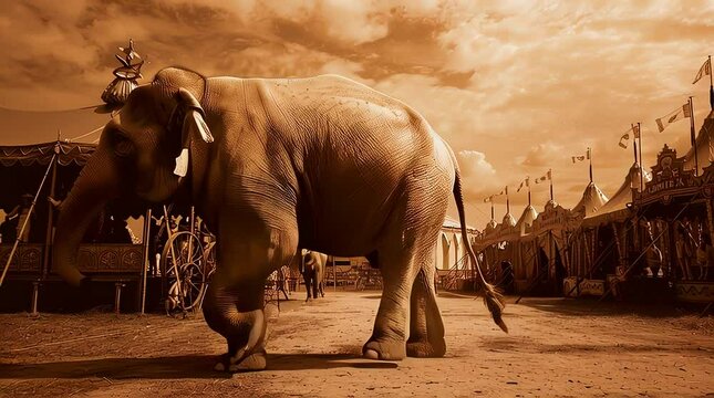 old worn vintage sepia toned polaroid photo of elephant in circus