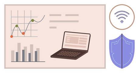 Laptop displaying data, line and bar graphs on a screen. wireless and shield elements suggest connectivity and protection. Ideal for data privacy, cybersecurity, analytics, research, business