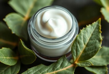 Luxurious face cream in open jar, textured, eucalyptus leaf  Close-up view,  relief,  remedy