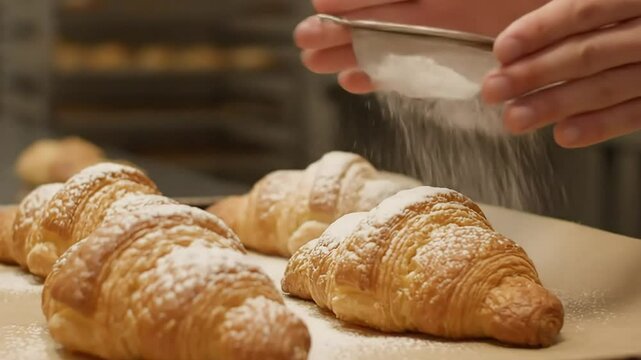 Baker dusting fresh croissants with powdered sugar in a bakery setting, close-up shot