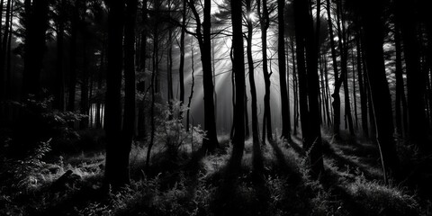Fototapeta premium Monochrome forest scene, stark contrast of light and shadow on trees and undergrowth, background, woods