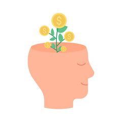 Head silhouette with growth plant and gold dollar money coins. Financial thinking, invest mindset. Vector flat illustration