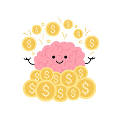 Brain sitting in money pile, cute child character for finance success. Happy brain surrounded by money. Finance guidance, investment, money safe management. Vector flat illustration