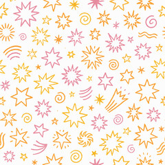 A seamless pattern of stylized stars, spirals, and wave elements in pink and orange on a white background.