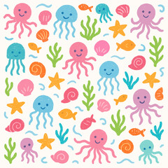 Fototapeta premium Colorful underwater creatures and sea life pattern design.